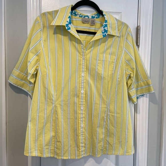 L.L. Bean Size XL Yellow Turquoise Stripe Short Sleeve Cotton Button Down Shirt - Picture 1 of 12